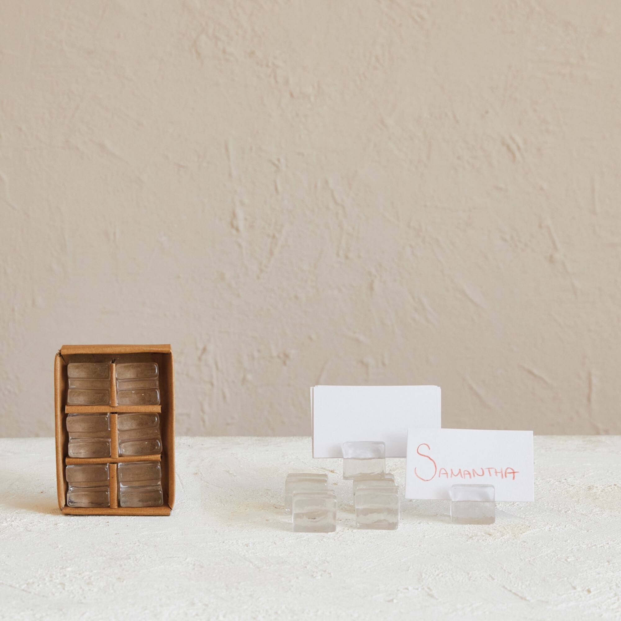 Hello Honey® Clear Glass Cube Place Card Holders with Paper Cards, 6ct.